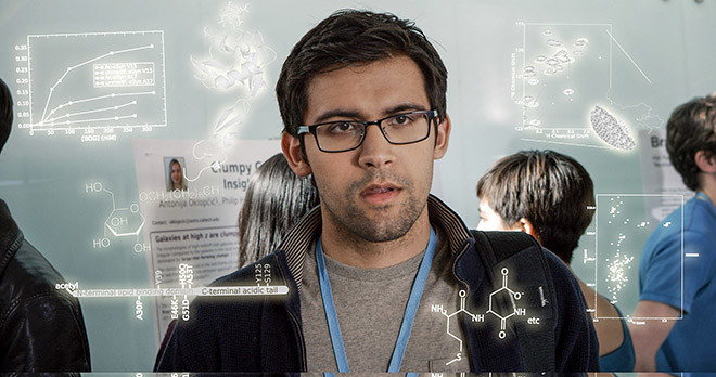 Den Namnlöse Doktoranden (spelad av doktoranden Raj Katti) våndas över sin första konferenspresentation i filmen PHD Movie 2.