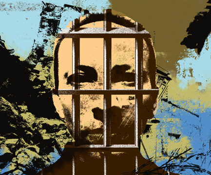 Illustration av en fängslad Ahmadreza Djalali