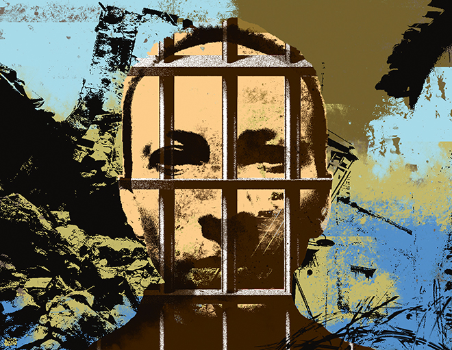 Illustration av en fängslad Ahmadreza Djalali